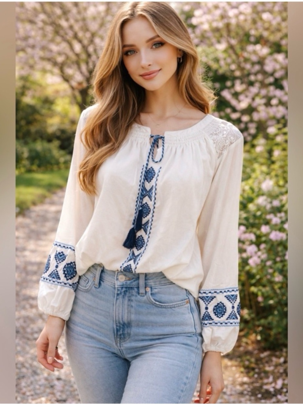 Time and Tru Embellished Blouse – Cream & Blue, 3/4 Sleeves (Size S)